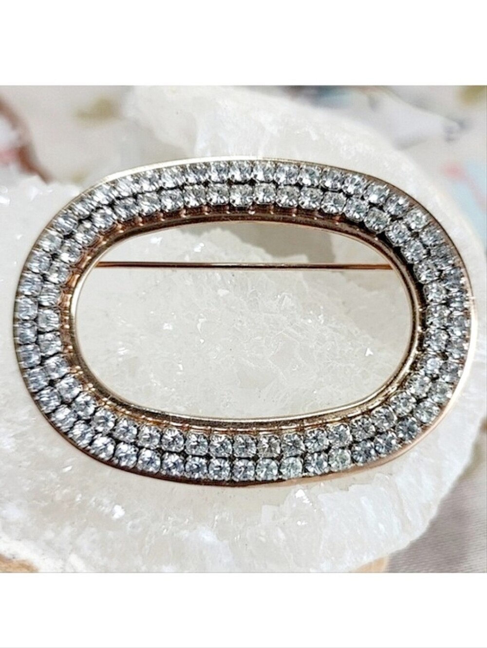 Oval Gold Tone Prong Set Clear Rhinestones Unisex Vintage Large Gold Tone Brooch